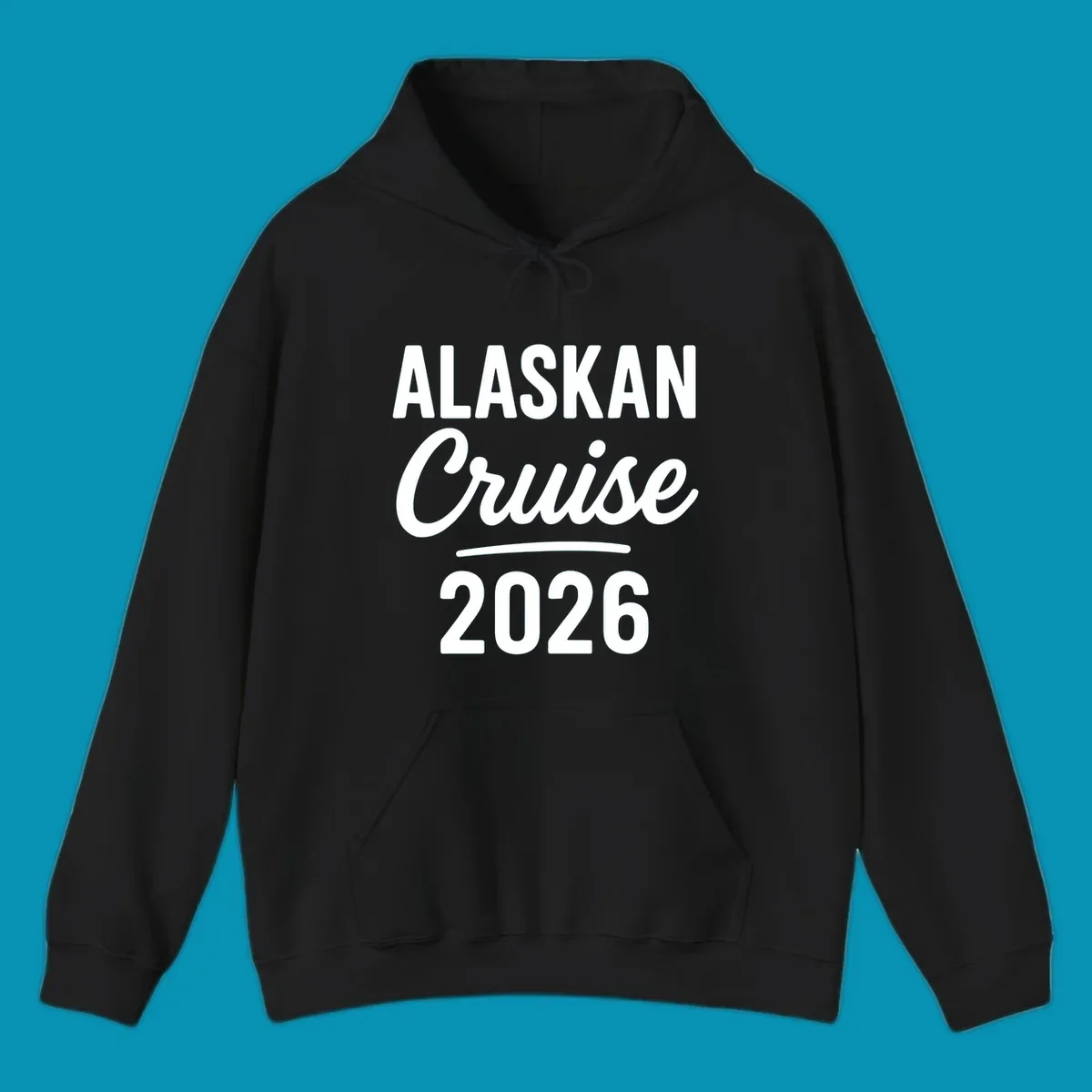Alaskan Cruise 2026 design with bold white typography and decorative underline on gray background