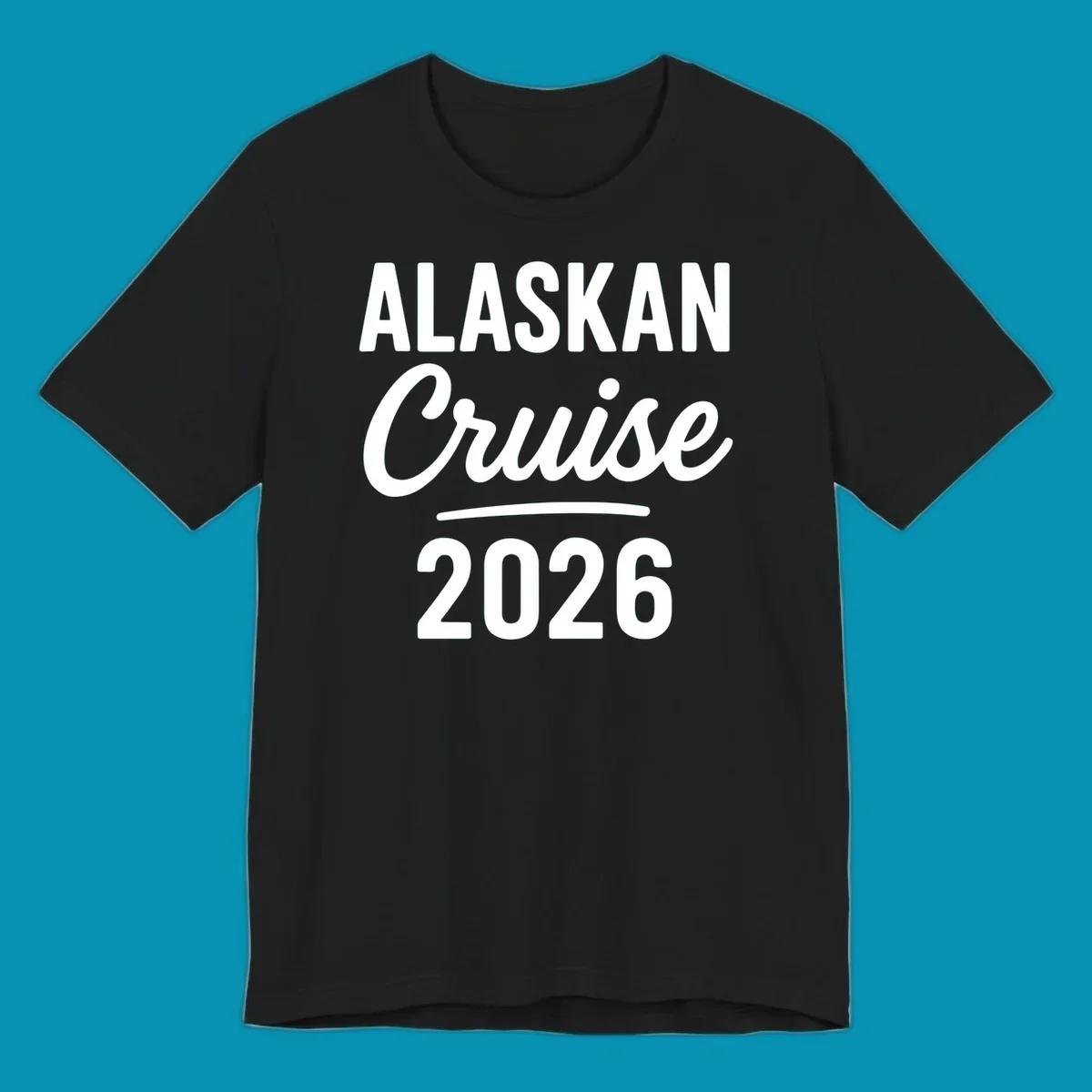 Alaskan Cruise 2026 design with bold white typography and decorative underline on gray background