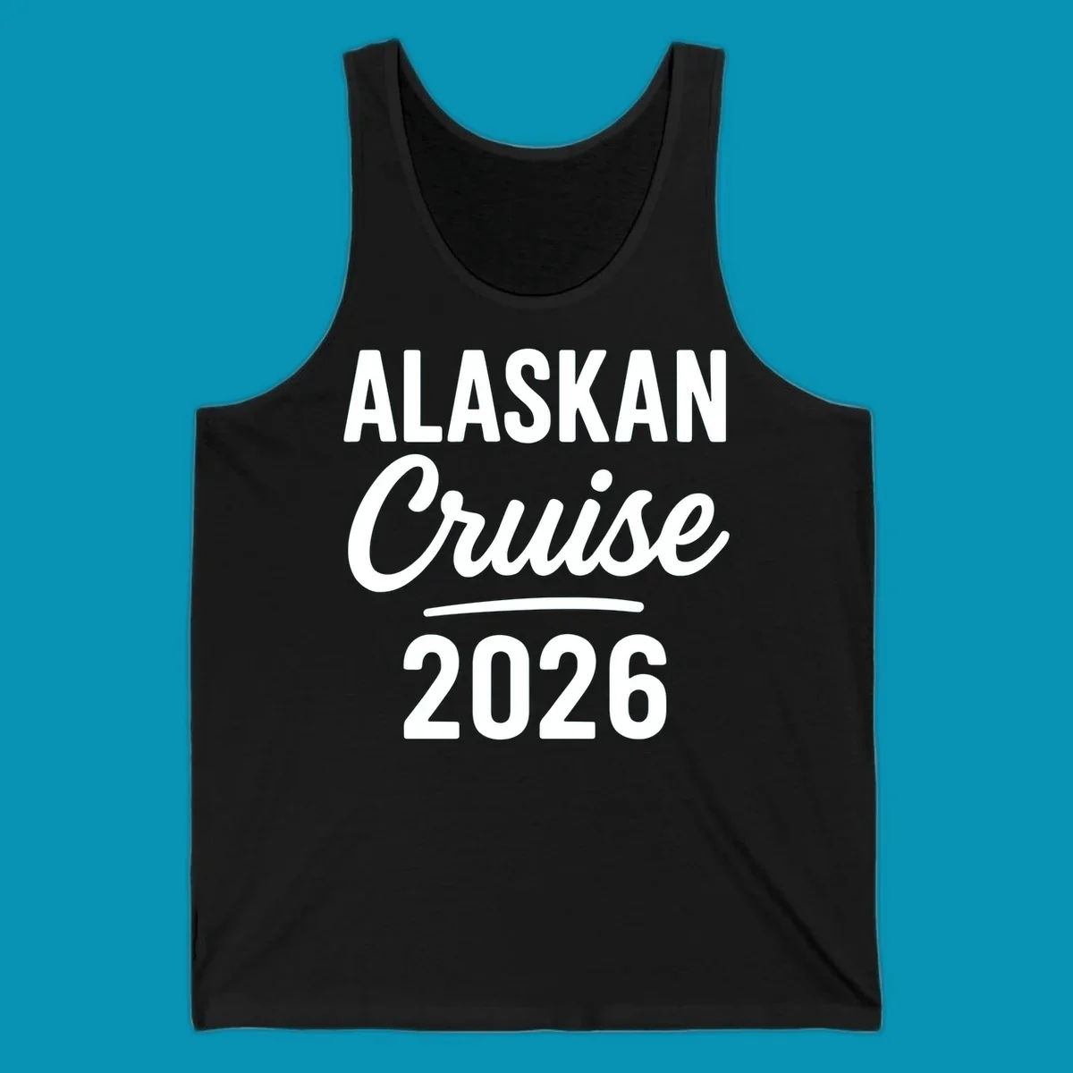 Alaskan Cruise 2026 design with bold white typography and decorative underline on gray background
