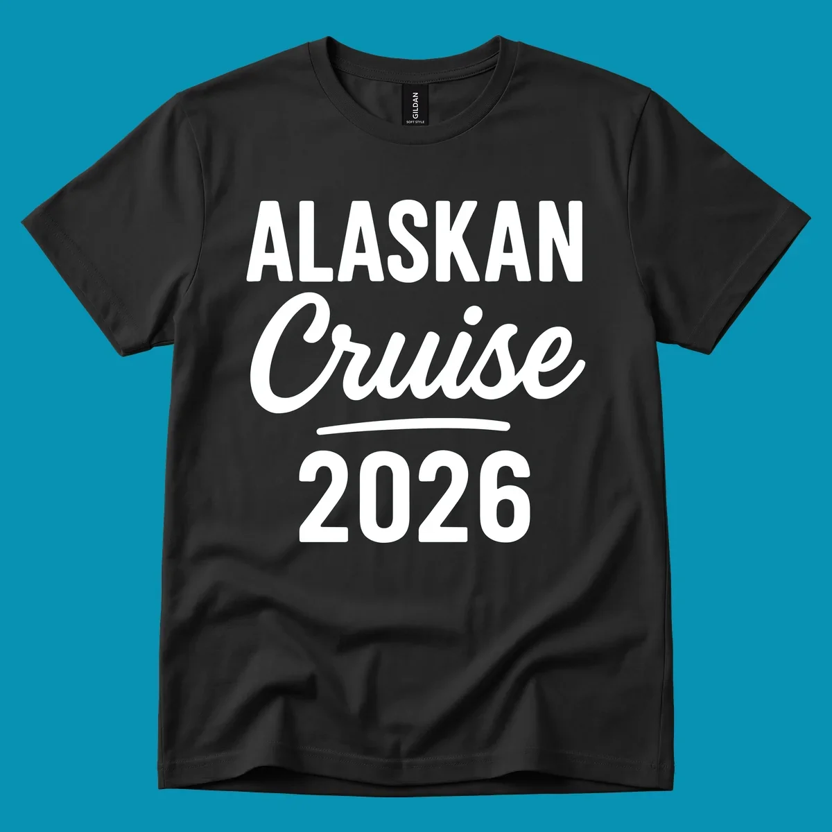 Alaskan Cruise 2026 design with bold white typography and decorative underline on gray background