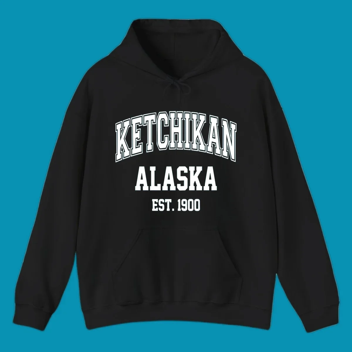 Ketchikan Alaska vintage design with outlined lettering and EST. 1900 date in retro athletic style