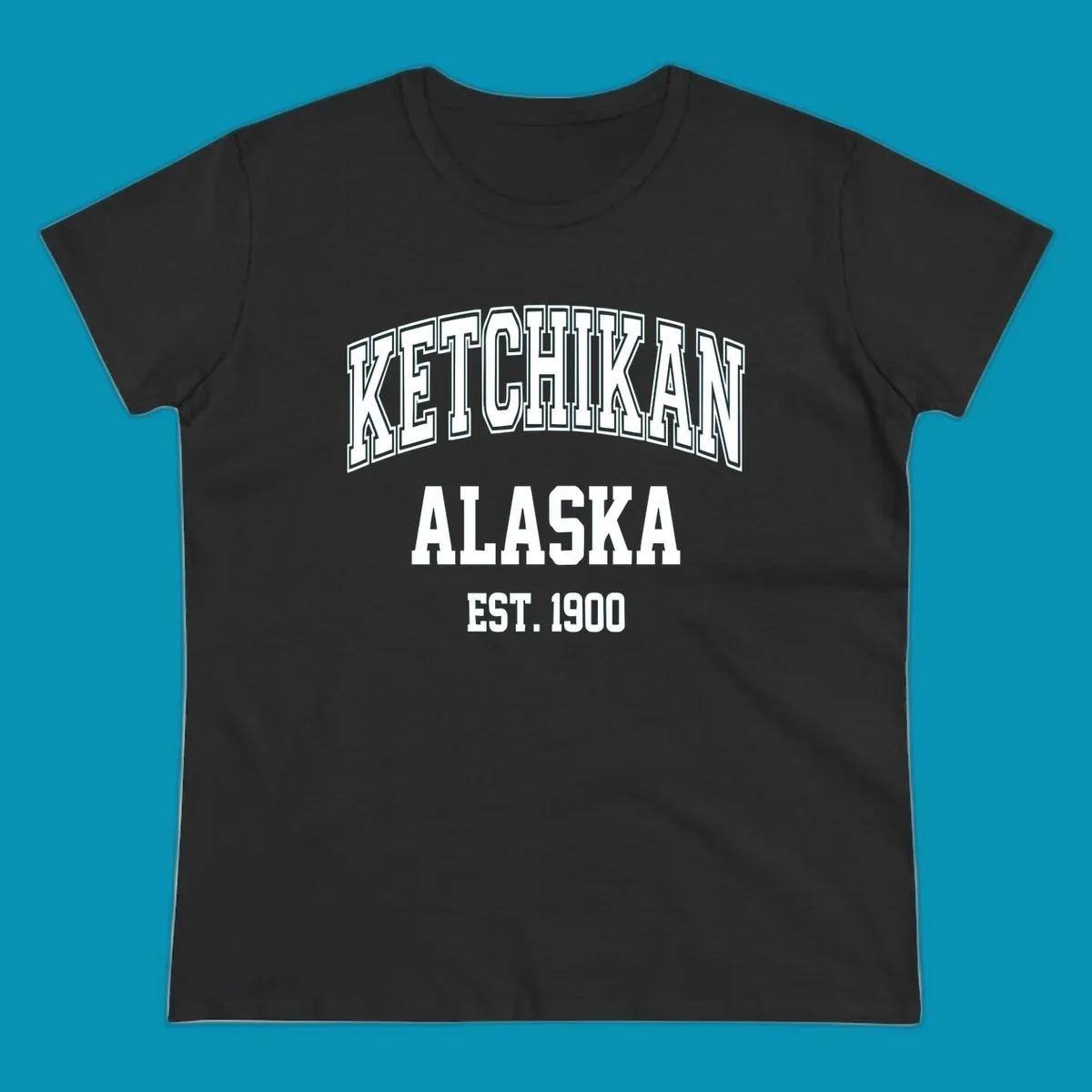 Ketchikan Alaska vintage design with outlined lettering and EST. 1900 date in retro athletic style
