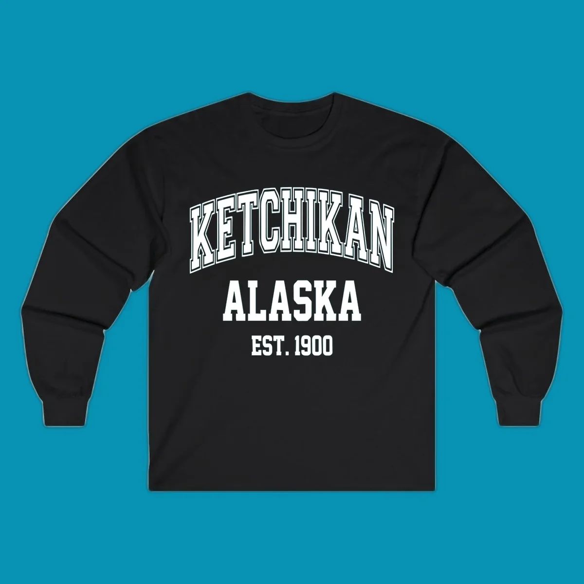 Ketchikan Alaska vintage design with outlined lettering and EST. 1900 date in retro athletic style