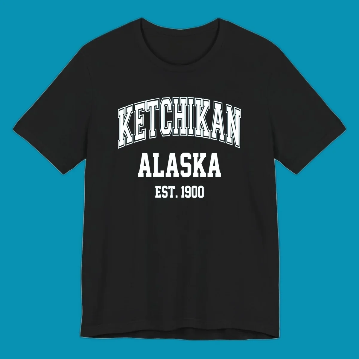 Ketchikan Alaska vintage design with outlined lettering and EST. 1900 date in retro athletic style
