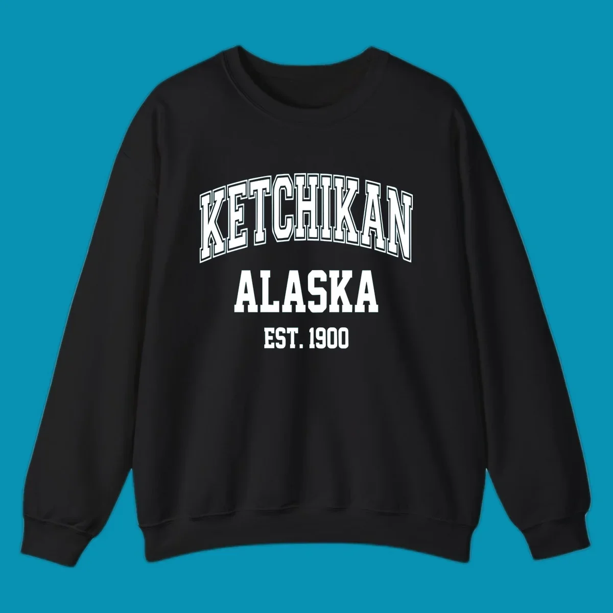 Ketchikan Alaska vintage design with outlined lettering and EST. 1900 date in retro athletic style