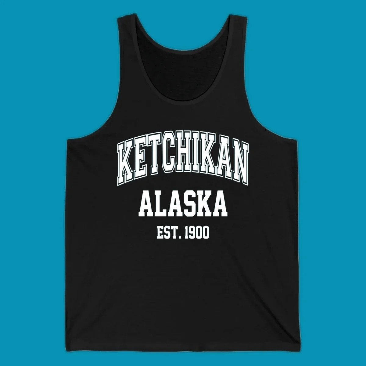 Ketchikan Alaska vintage design with outlined lettering and EST. 1900 date in retro athletic style