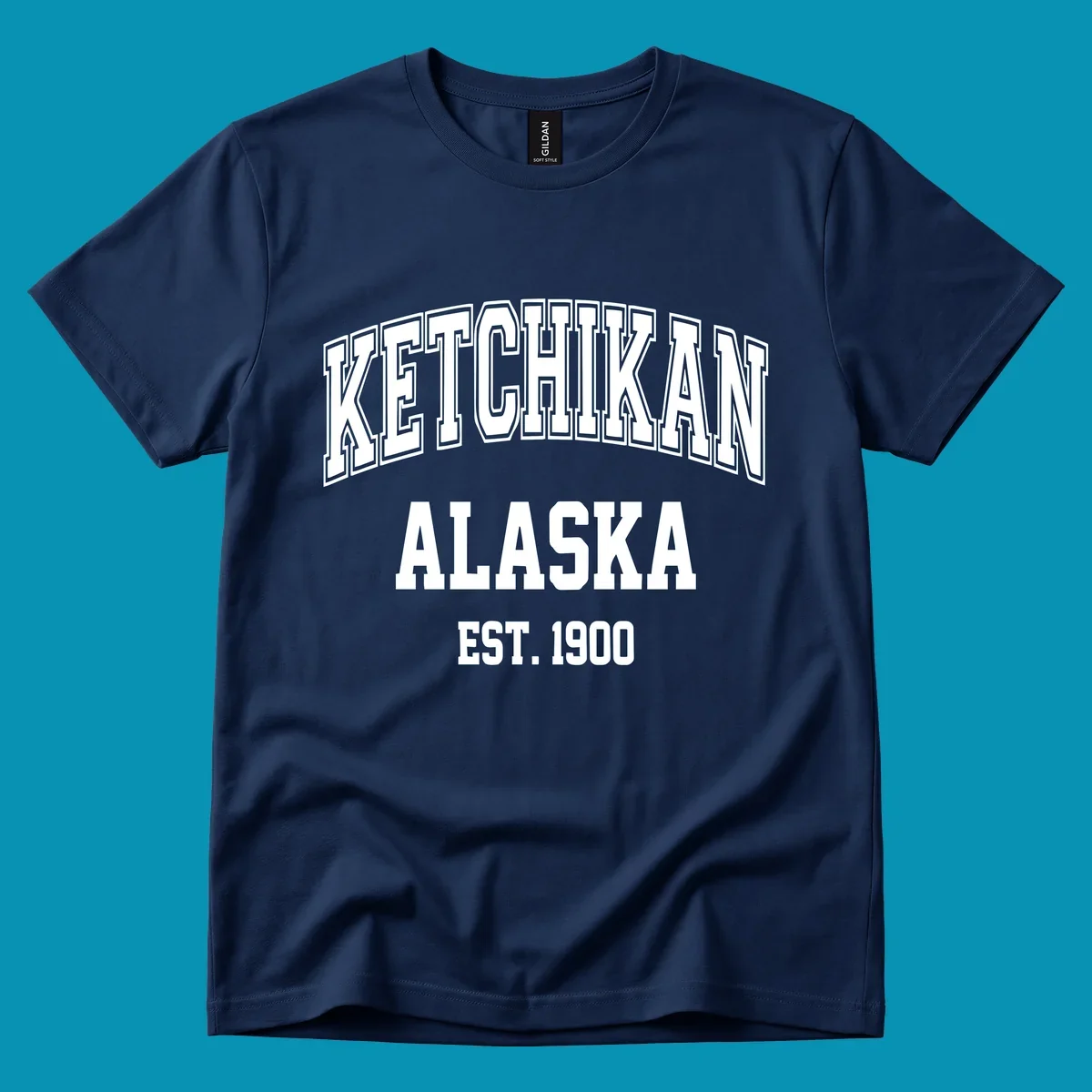 Ketchikan Alaska vintage design with outlined lettering and EST. 1900 date in retro athletic style
