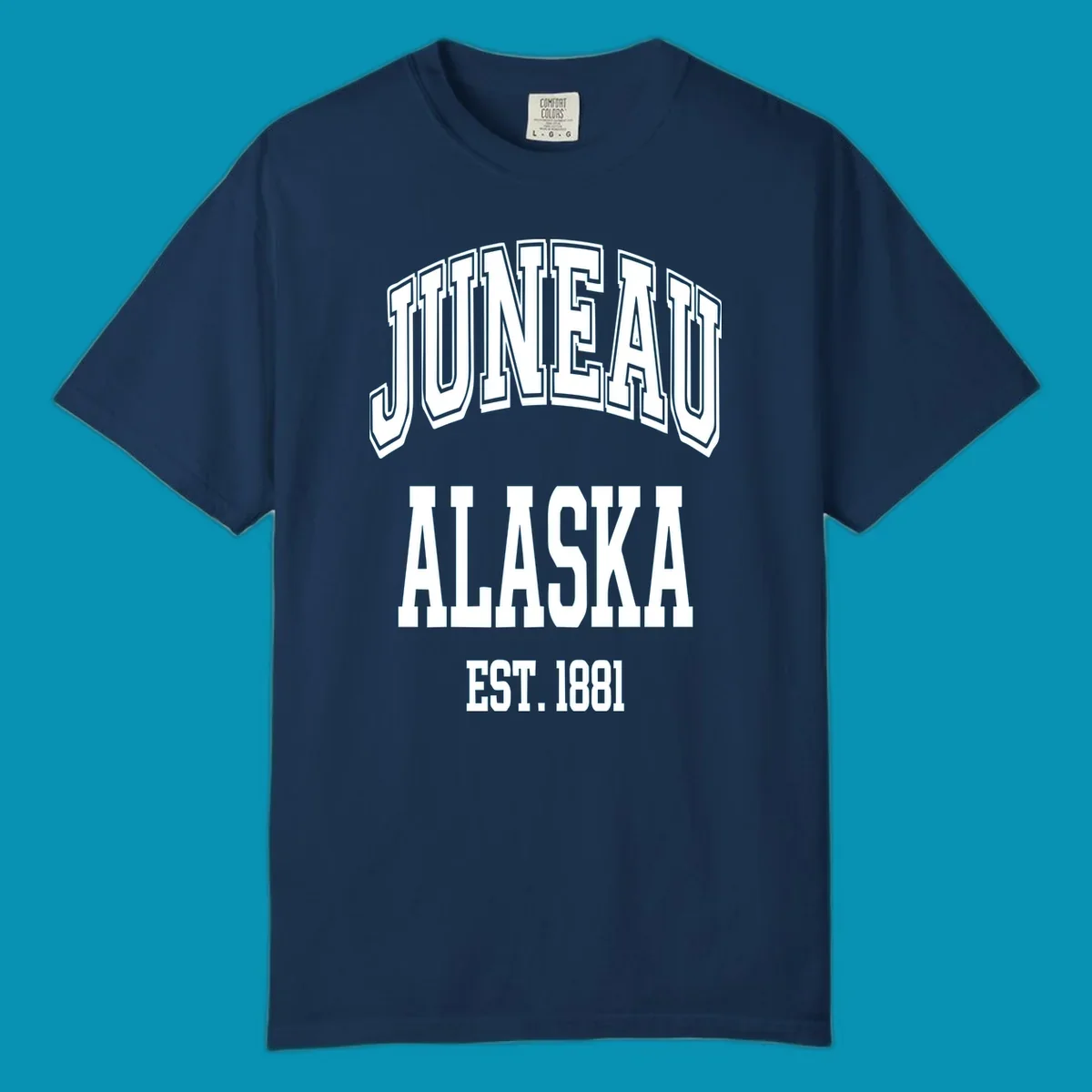 Bold 3D outlined text reading 'Juneau At Alaska Est 1881' in white lettering on gray background