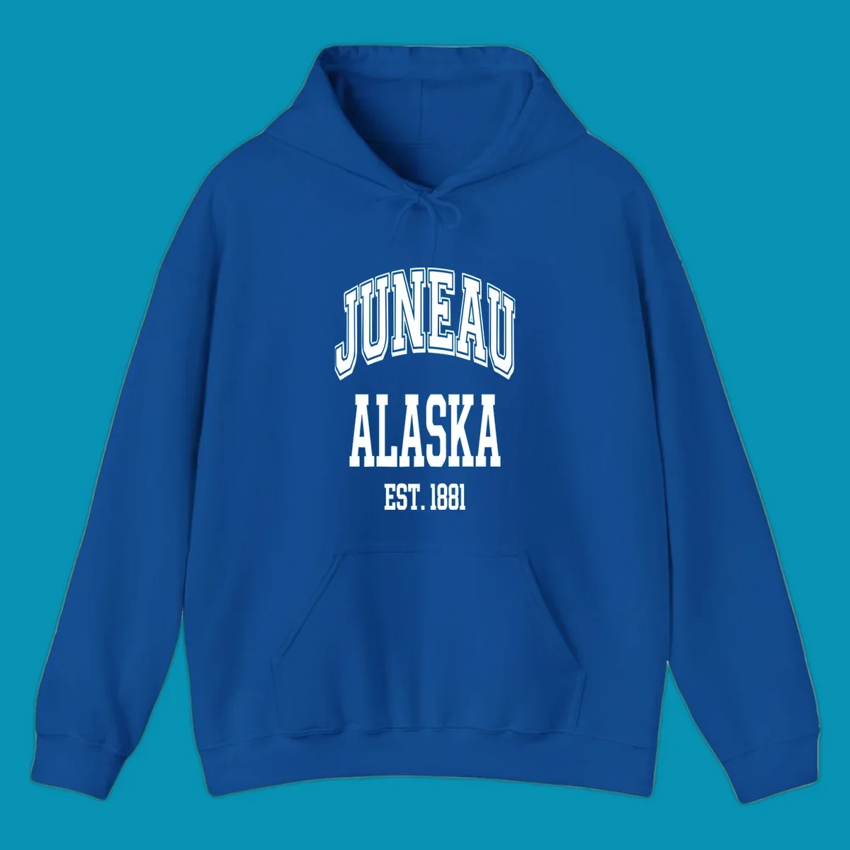 Bold 3D outlined text reading 'Juneau At Alaska Est 1881' in white lettering on gray background