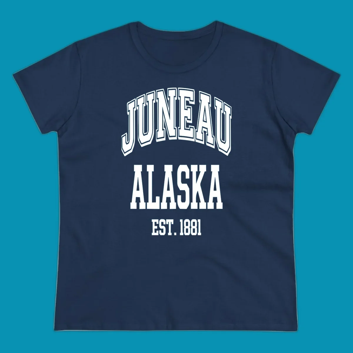 Bold 3D outlined text reading 'Juneau At Alaska Est 1881' in white lettering on gray background