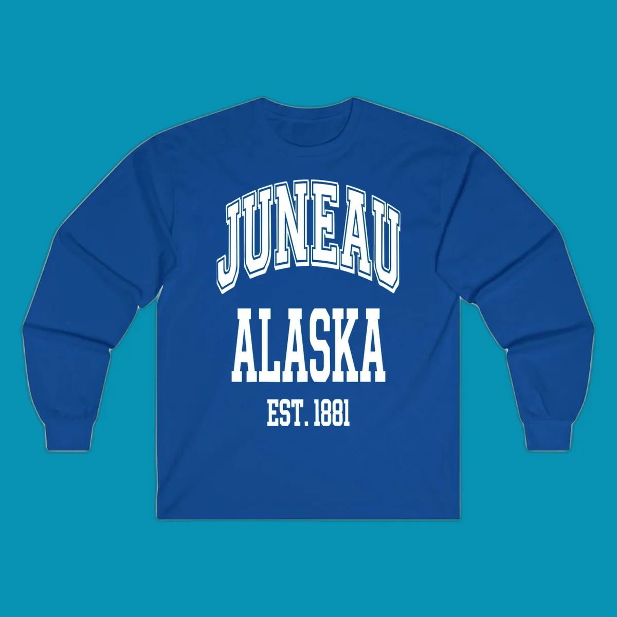 Bold 3D outlined text reading 'Juneau At Alaska Est 1881' in white lettering on gray background