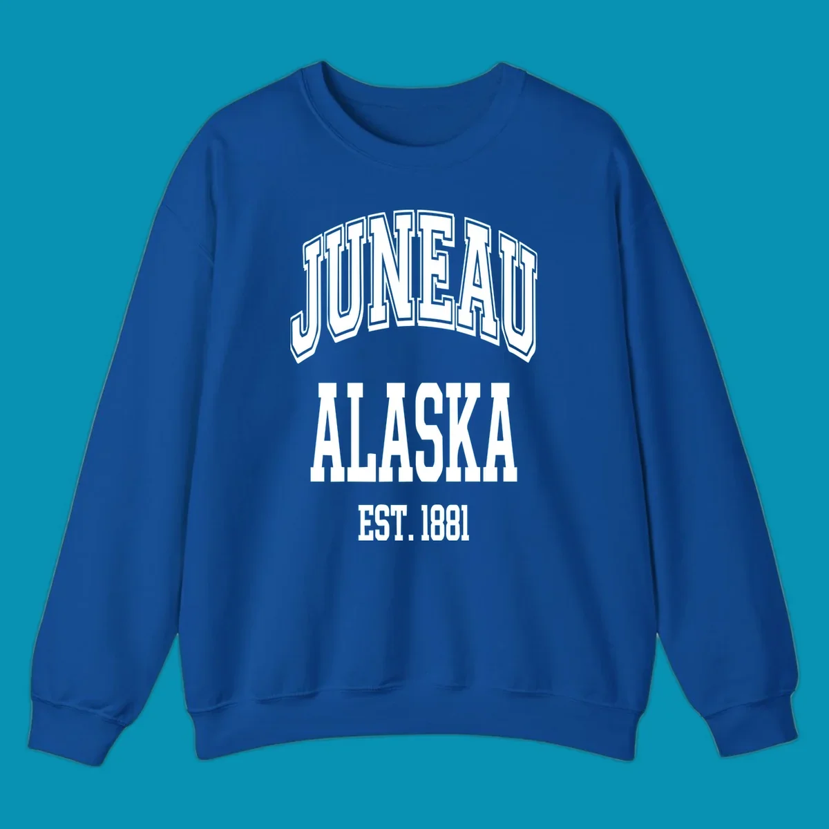 Bold 3D outlined text reading 'Juneau At Alaska Est 1881' in white lettering on gray background