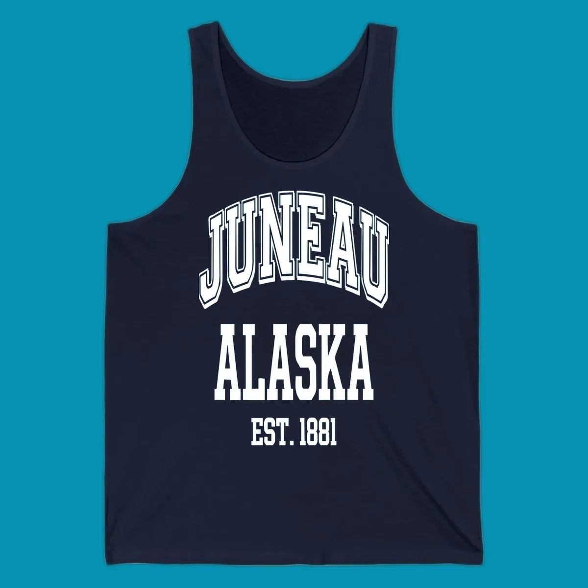 Bold 3D outlined text reading 'Juneau At Alaska Est 1881' in white lettering on gray background