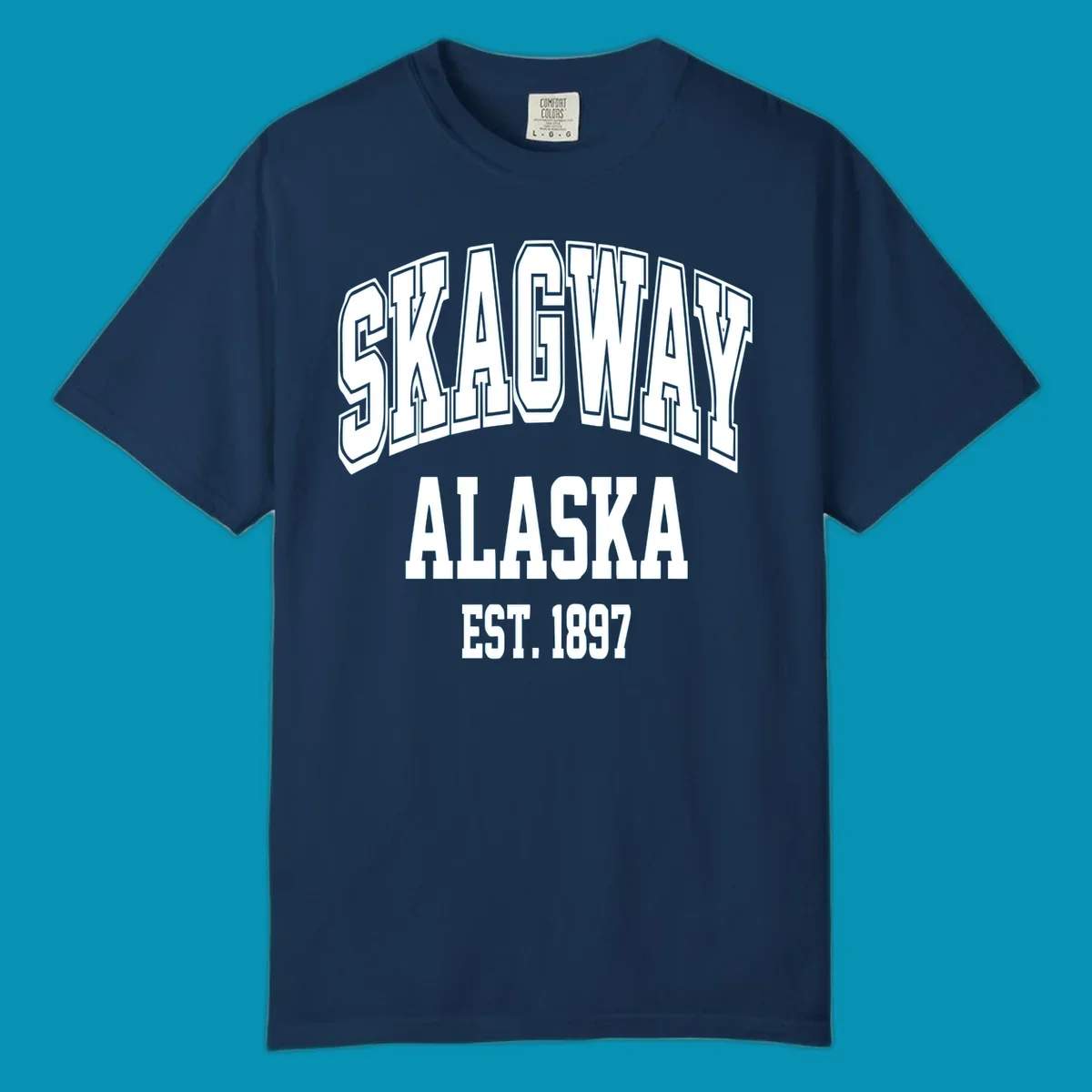 Vintage-style badge with bold outlined text reading Skagway Alaska Est. 1897 with decorative arrow accents on gray background.
