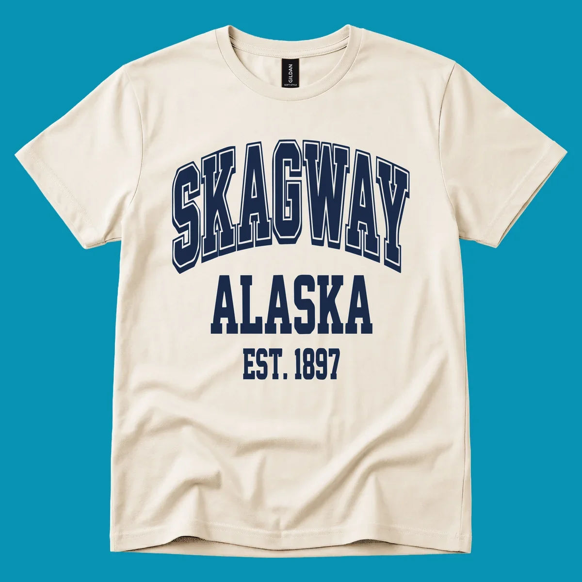 Vintage-style badge with bold outlined text reading Skagway Alaska Est. 1897 with decorative arrow accents on gray background.