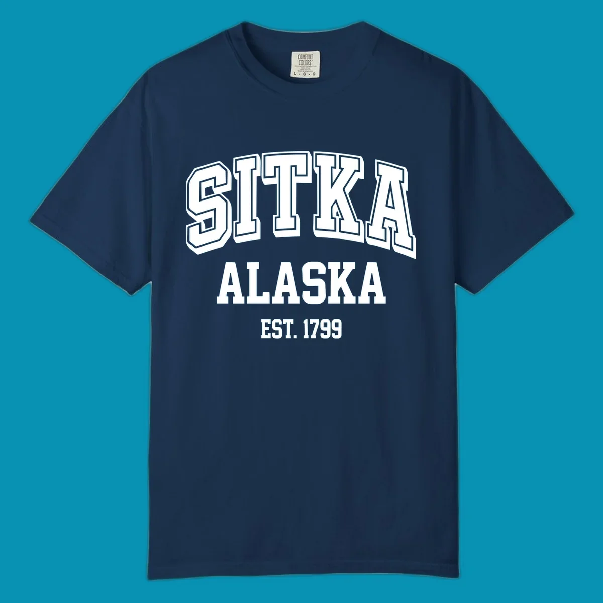 Vintage badge design reading Sitka Alaska Est. 1799 in bold outlined and solid white lettering on gray background