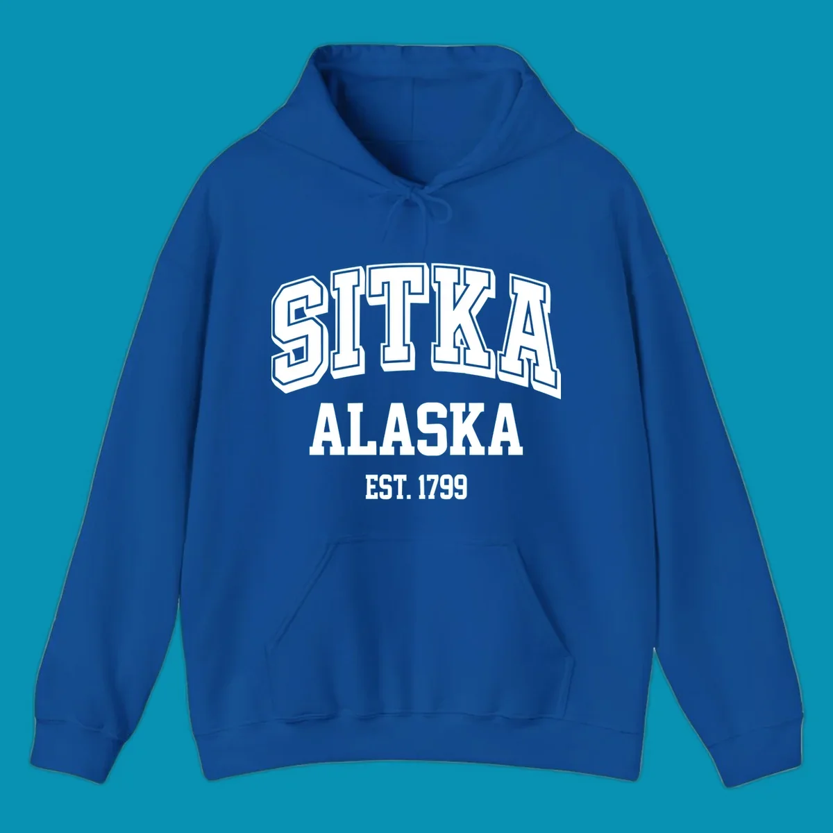 Vintage badge design reading Sitka Alaska Est. 1799 in bold outlined and solid white lettering on gray background