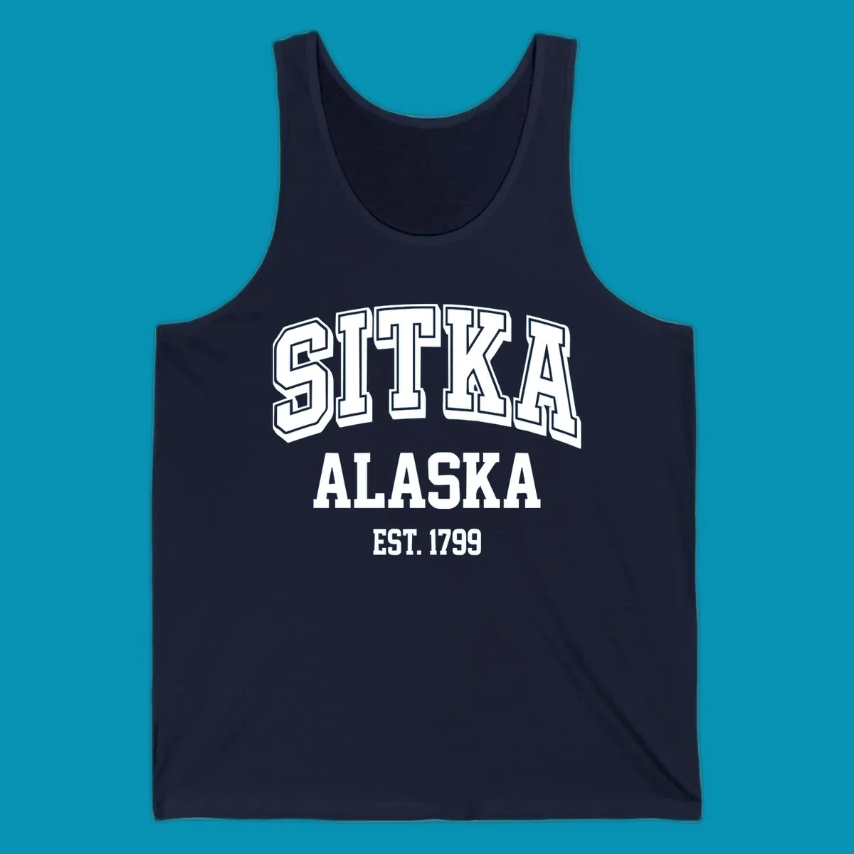 Vintage badge design reading Sitka Alaska Est. 1799 in bold outlined and solid white lettering on gray background