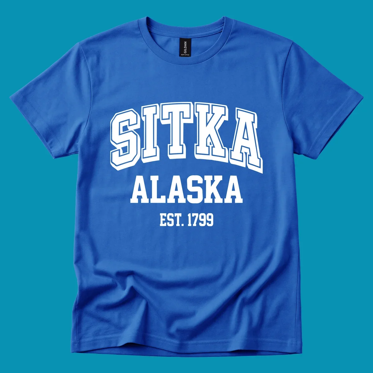 Vintage badge design reading Sitka Alaska Est. 1799 in bold outlined and solid white lettering on gray background