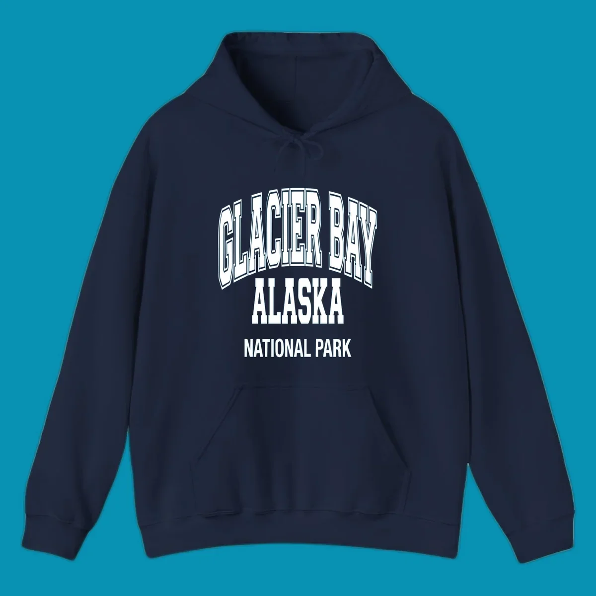 3D block lettering design reading Glacier Bay Alaska National Park with dimensional glacier-inspired styling and icy blue-gray tones