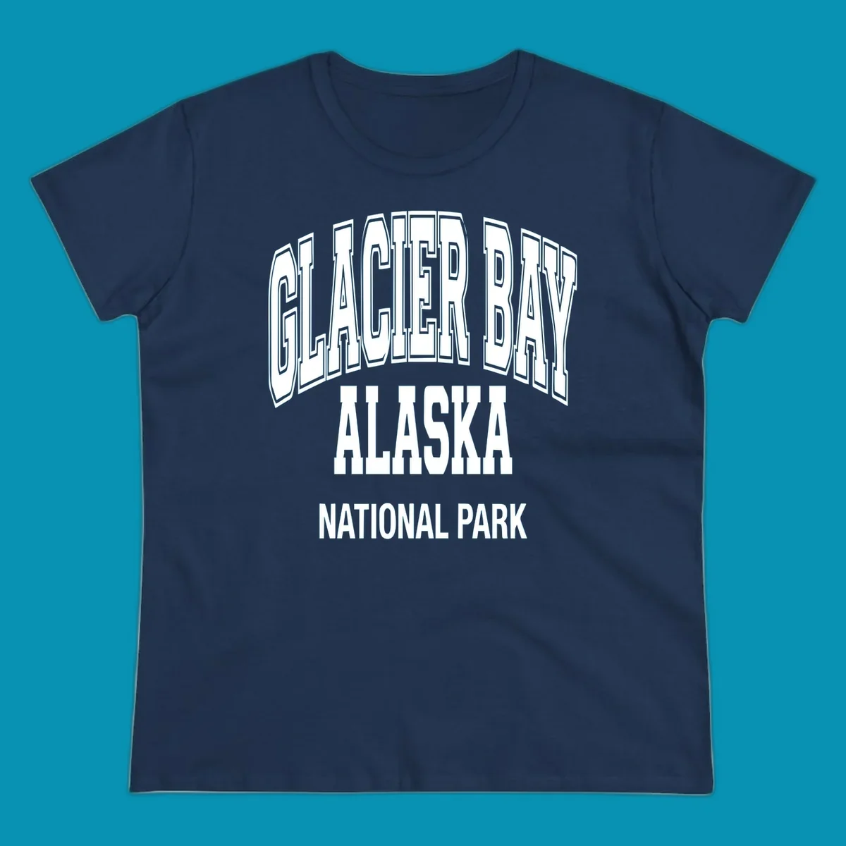 3D block lettering design reading Glacier Bay Alaska National Park with dimensional glacier-inspired styling and icy blue-gray tones