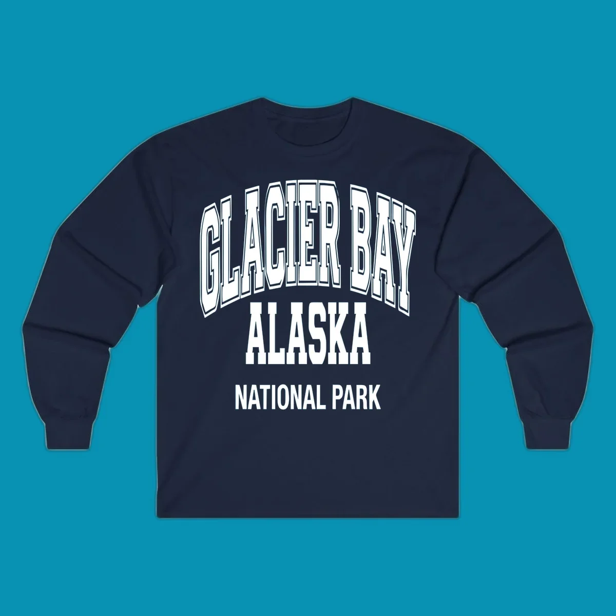3D block lettering design reading Glacier Bay Alaska National Park with dimensional glacier-inspired styling and icy blue-gray tones