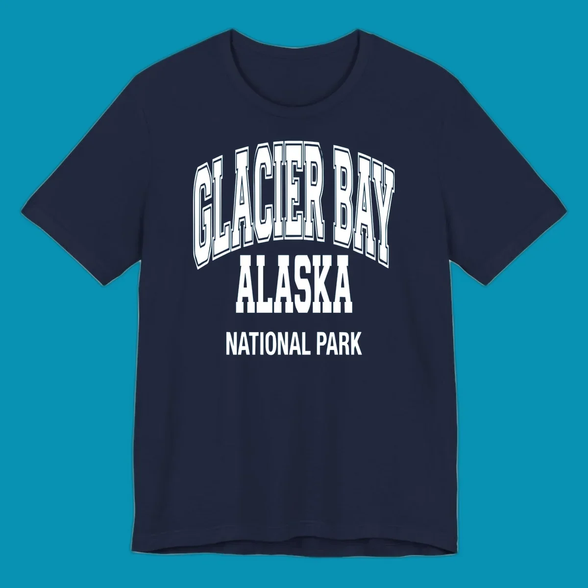 3D block lettering design reading Glacier Bay Alaska National Park with dimensional glacier-inspired styling and icy blue-gray tones