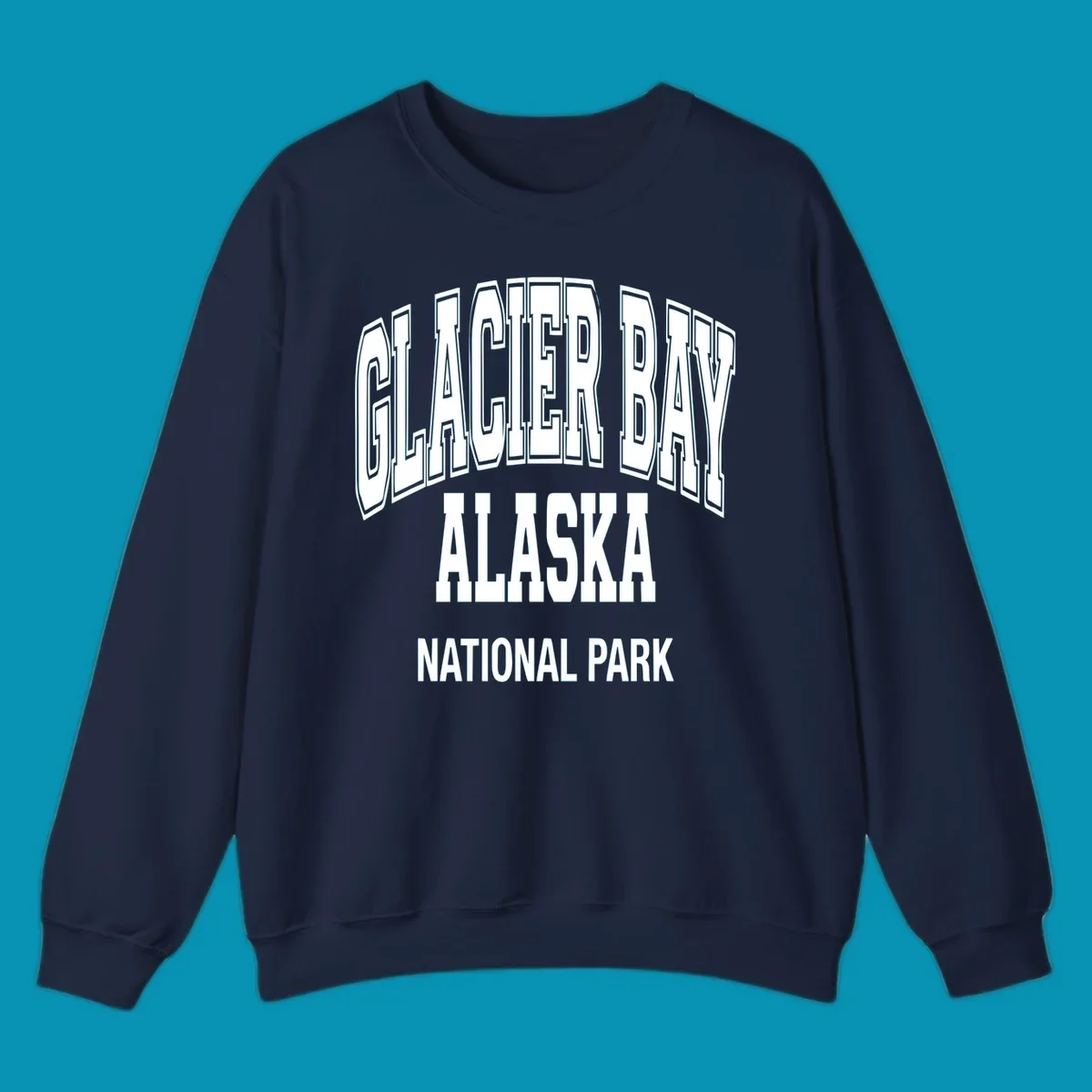 3D block lettering design reading Glacier Bay Alaska National Park with dimensional glacier-inspired styling and icy blue-gray tones