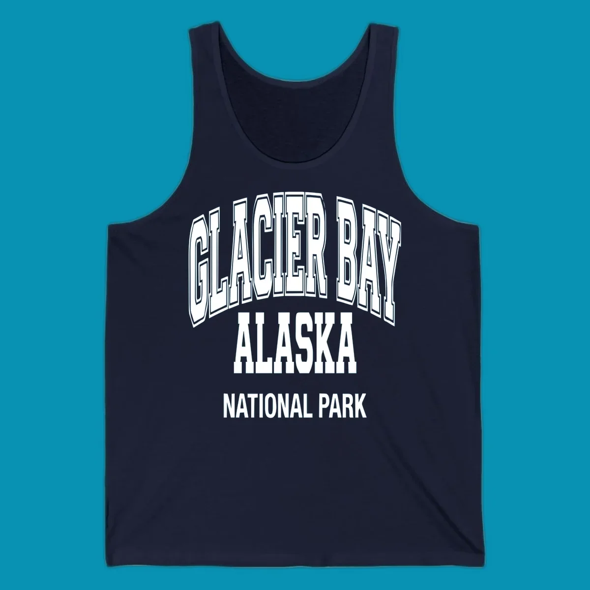 3D block lettering design reading Glacier Bay Alaska National Park with dimensional glacier-inspired styling and icy blue-gray tones