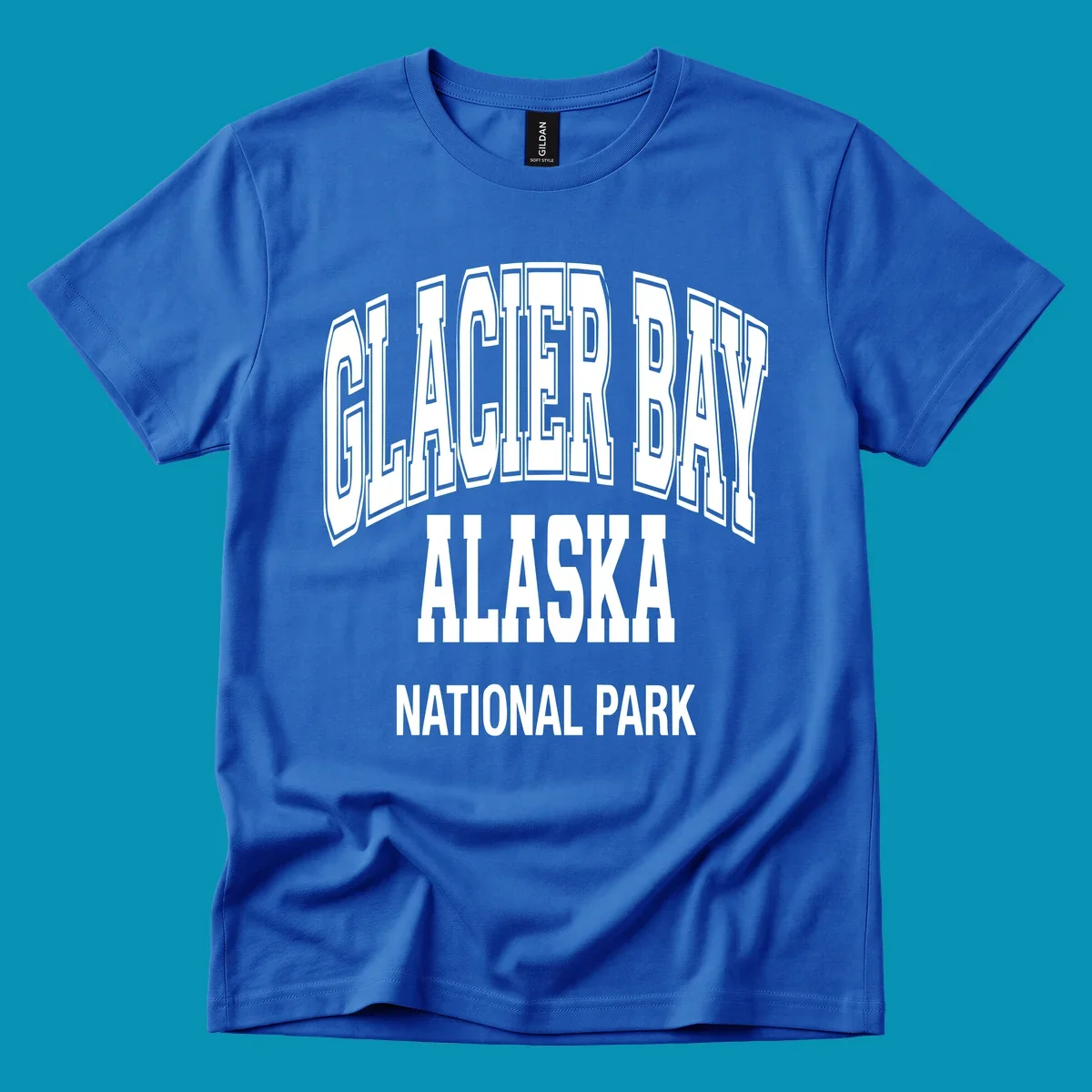 3D block lettering design reading Glacier Bay Alaska National Park with dimensional glacier-inspired styling and icy blue-gray tones