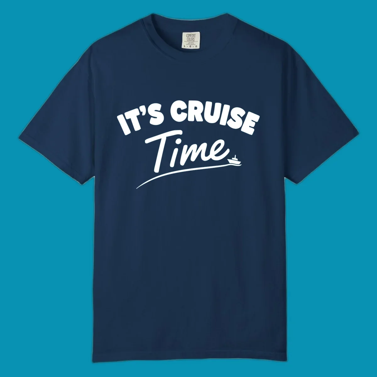 White text reading 'IT'S CRUISE TIME' with a small cruise ship and wave illustration on gray background