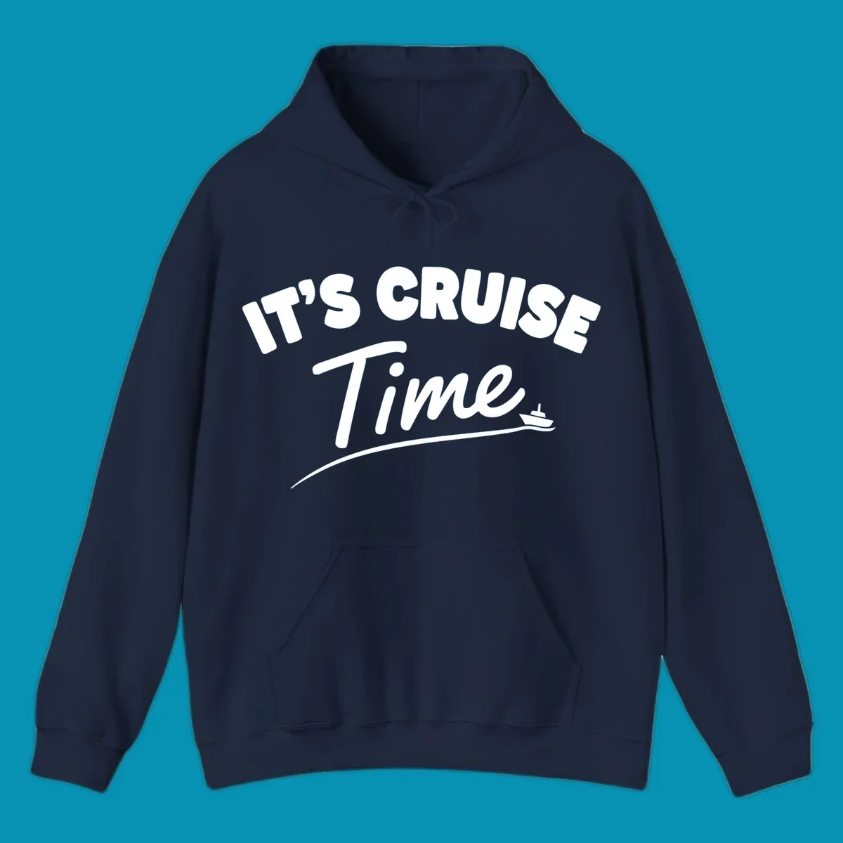 White text reading 'IT'S CRUISE TIME' with a small cruise ship and wave illustration on gray background