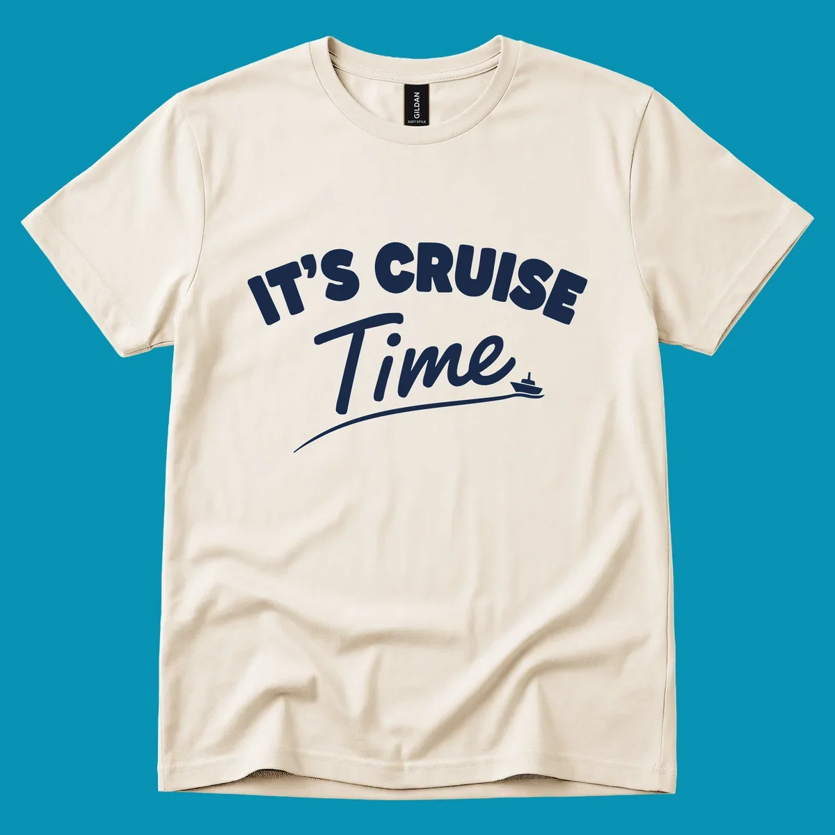White text reading 'IT'S CRUISE TIME' with a small cruise ship and wave illustration on gray background