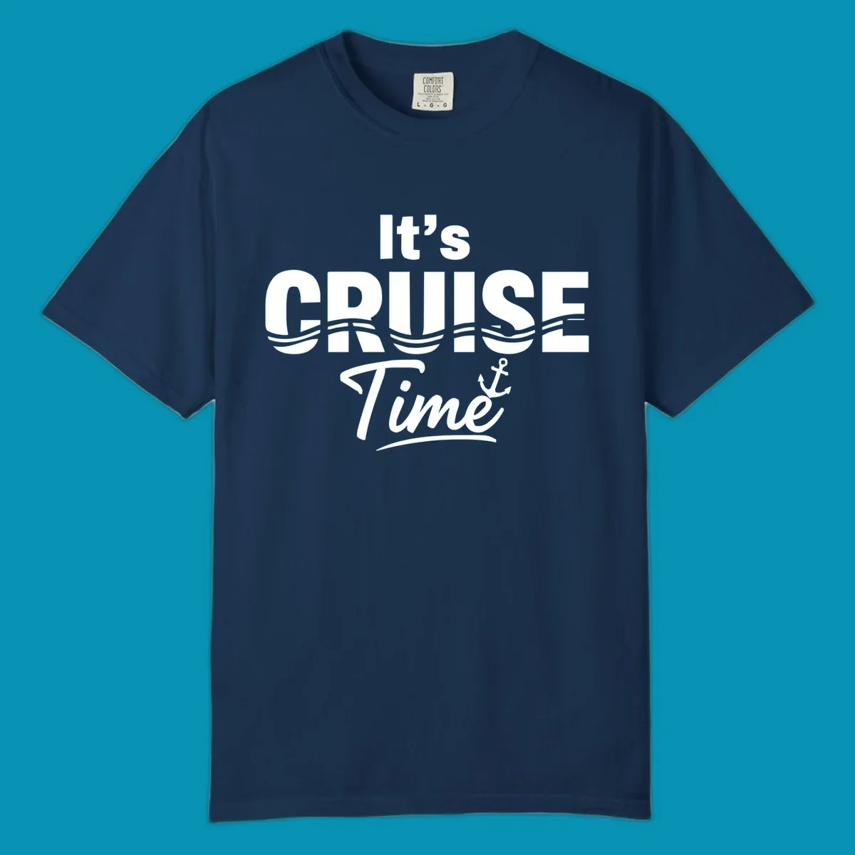Bold white text reading 'It's Cruise Time' with integrated wavy lines and anchor symbol on gray background, nautical cruise design