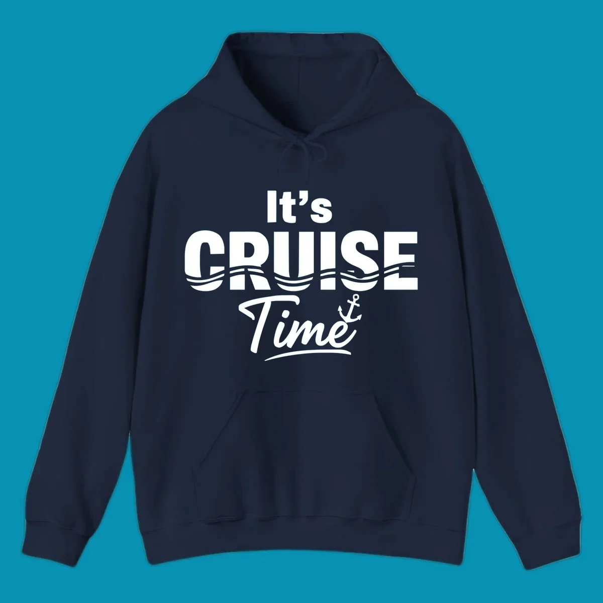 Bold white text reading 'It's Cruise Time' with integrated wavy lines and anchor symbol on gray background, nautical cruise design