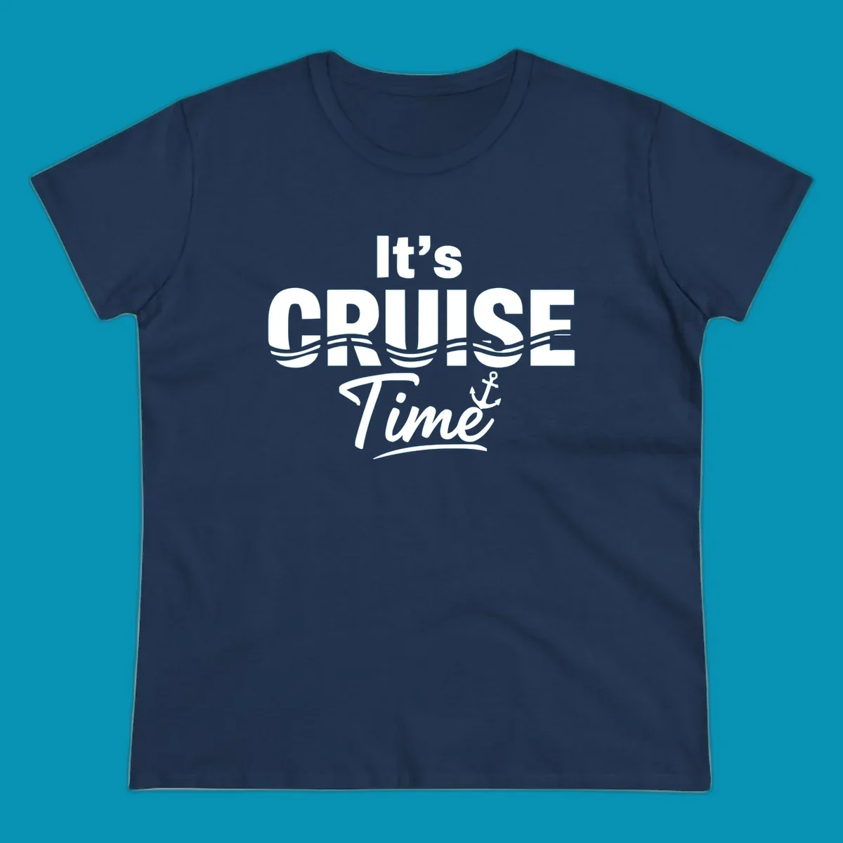 Bold white text reading 'It's Cruise Time' with integrated wavy lines and anchor symbol on gray background, nautical cruise design