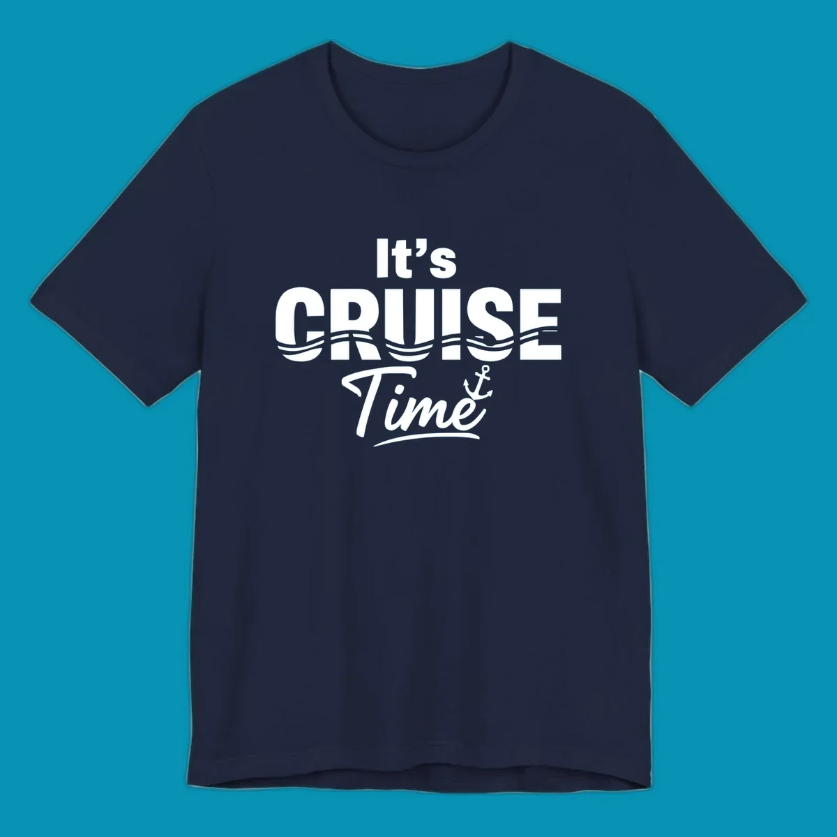 Bold white text reading 'It's Cruise Time' with integrated wavy lines and anchor symbol on gray background, nautical cruise design