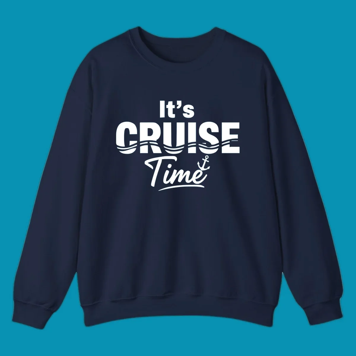 Bold white text reading 'It's Cruise Time' with integrated wavy lines and anchor symbol on gray background, nautical cruise design