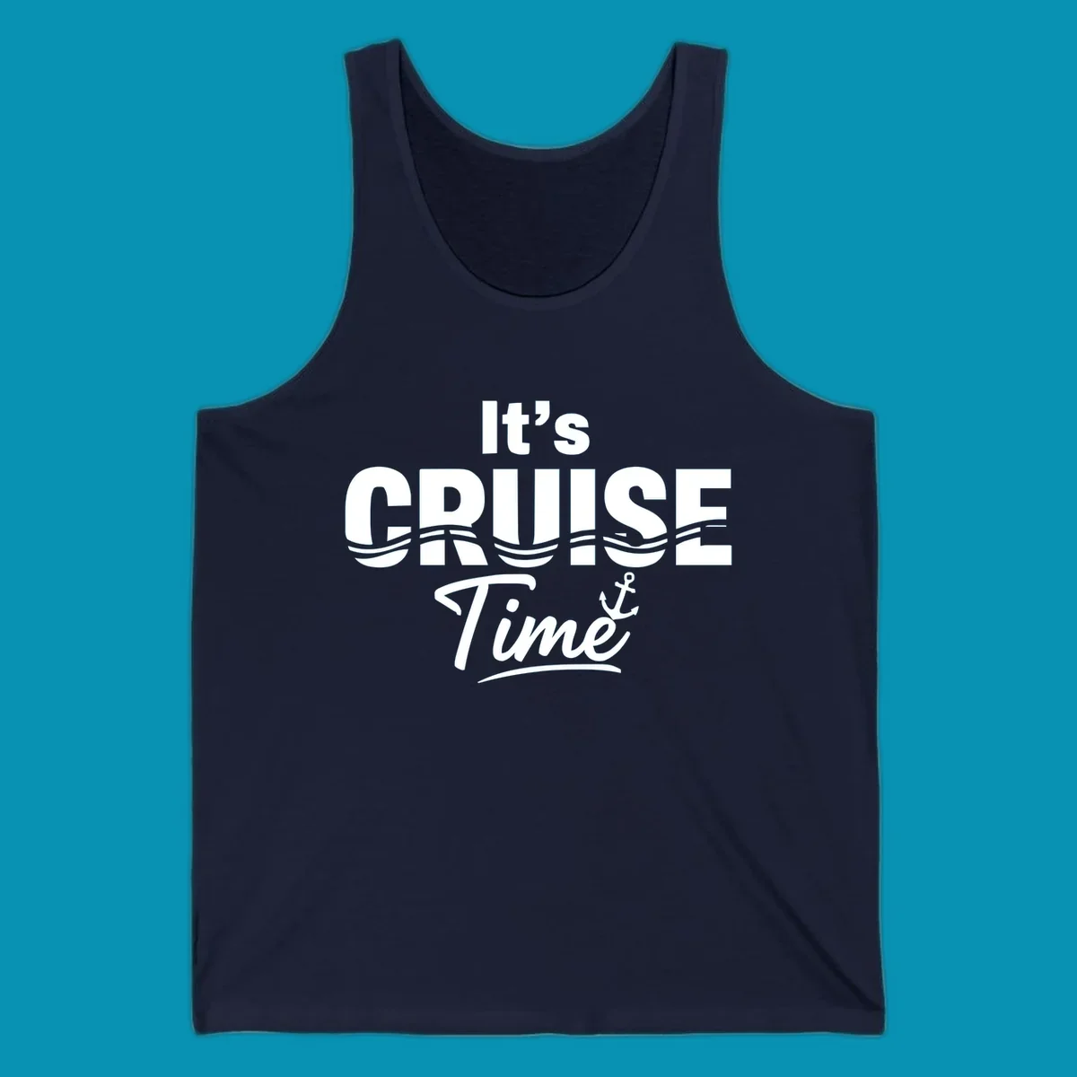 Bold white text reading 'It's Cruise Time' with integrated wavy lines and anchor symbol on gray background, nautical cruise design