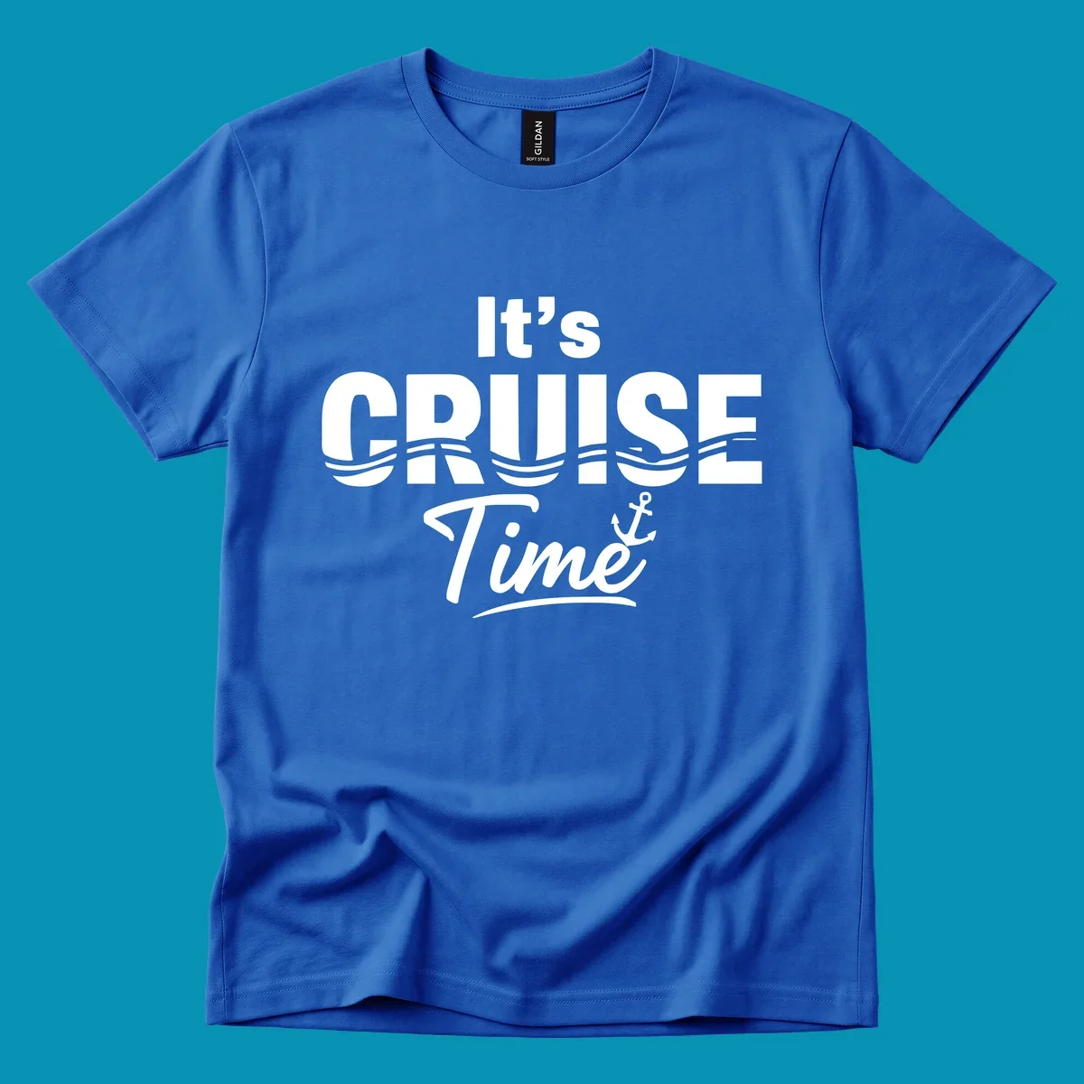 Bold white text reading 'It's Cruise Time' with integrated wavy lines and anchor symbol on gray background, nautical cruise design