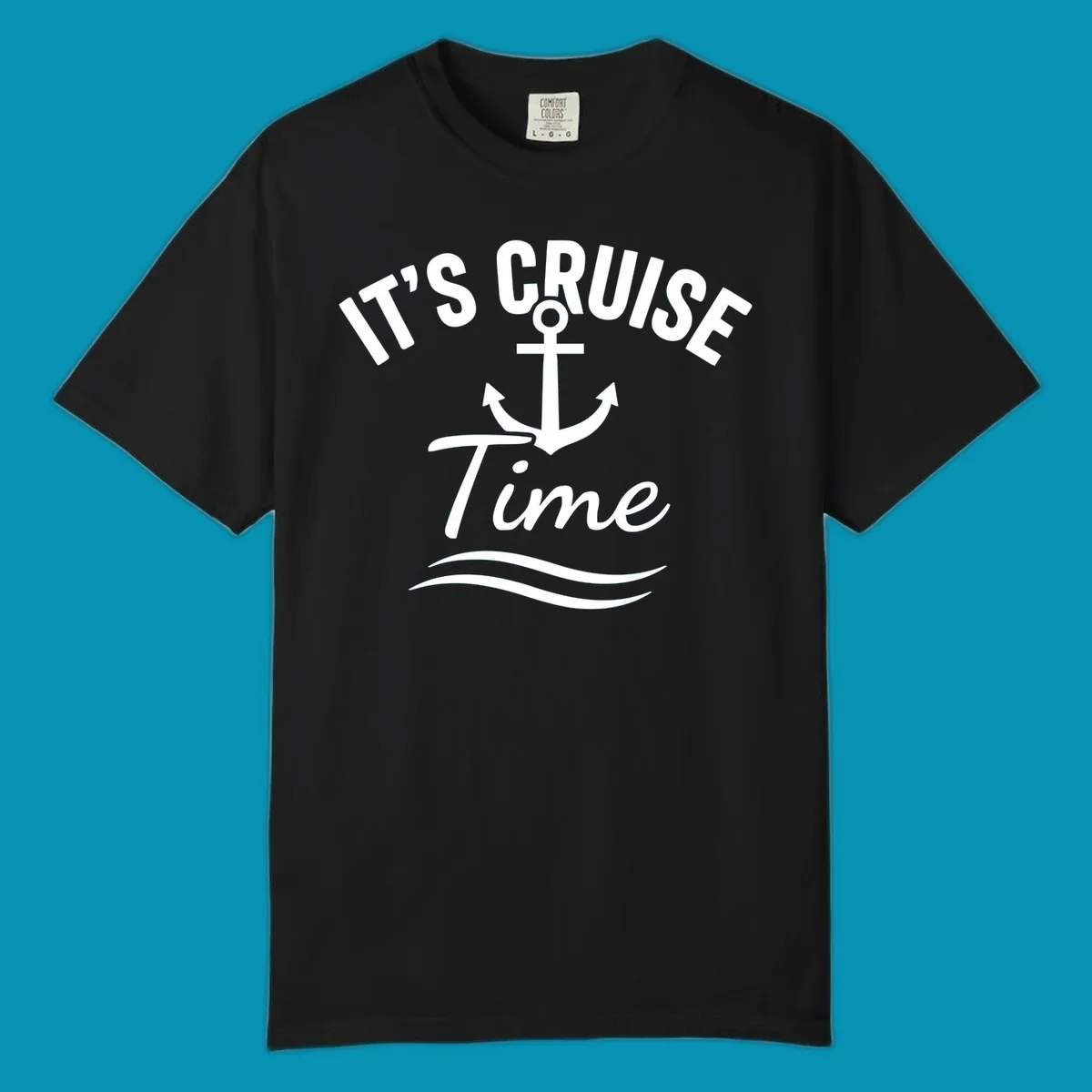 White anchor with curved arrows and wavy ocean lines beneath text reading 'IT'S CRUISE TIME' on gray background