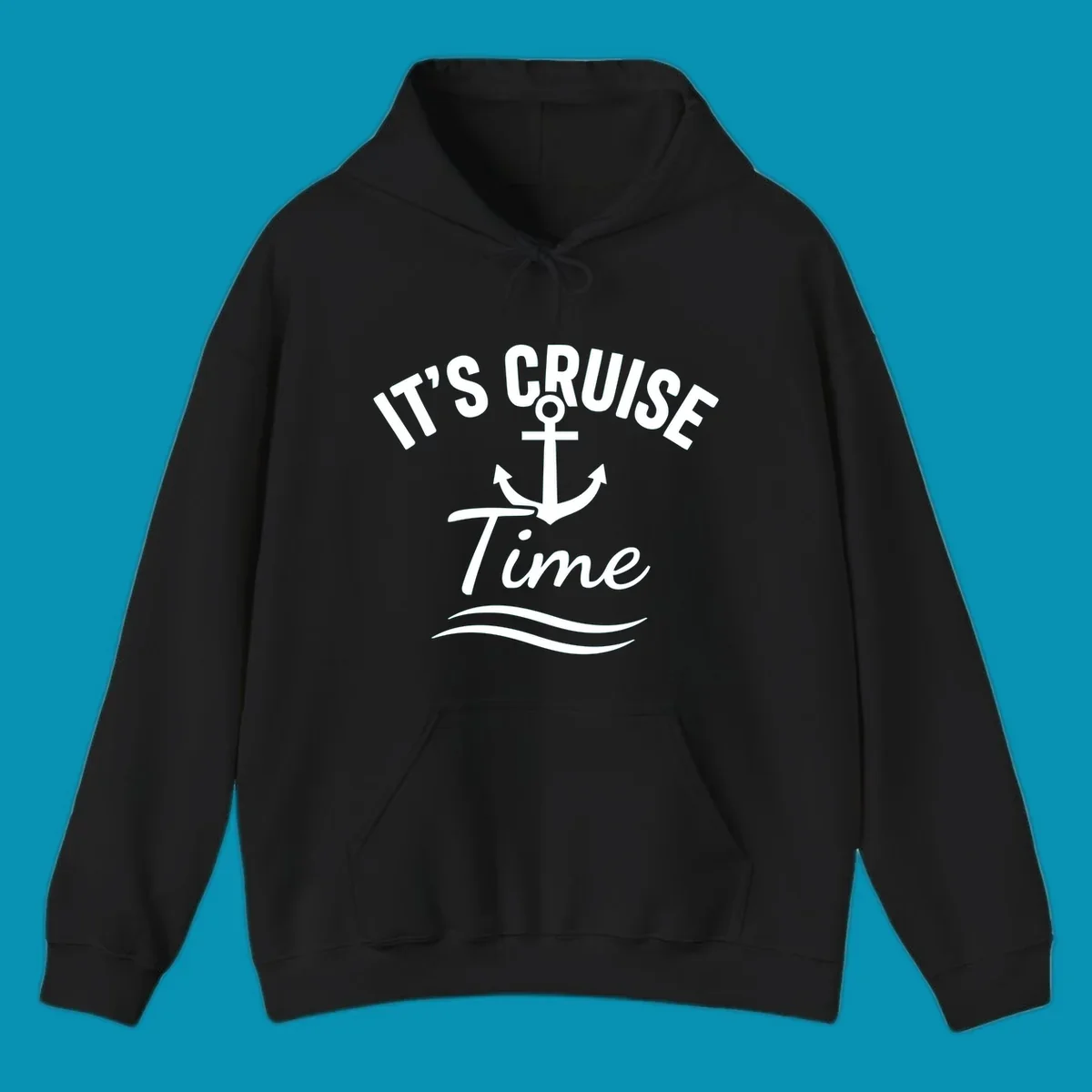 White anchor with curved arrows and wavy ocean lines beneath text reading 'IT'S CRUISE TIME' on gray background