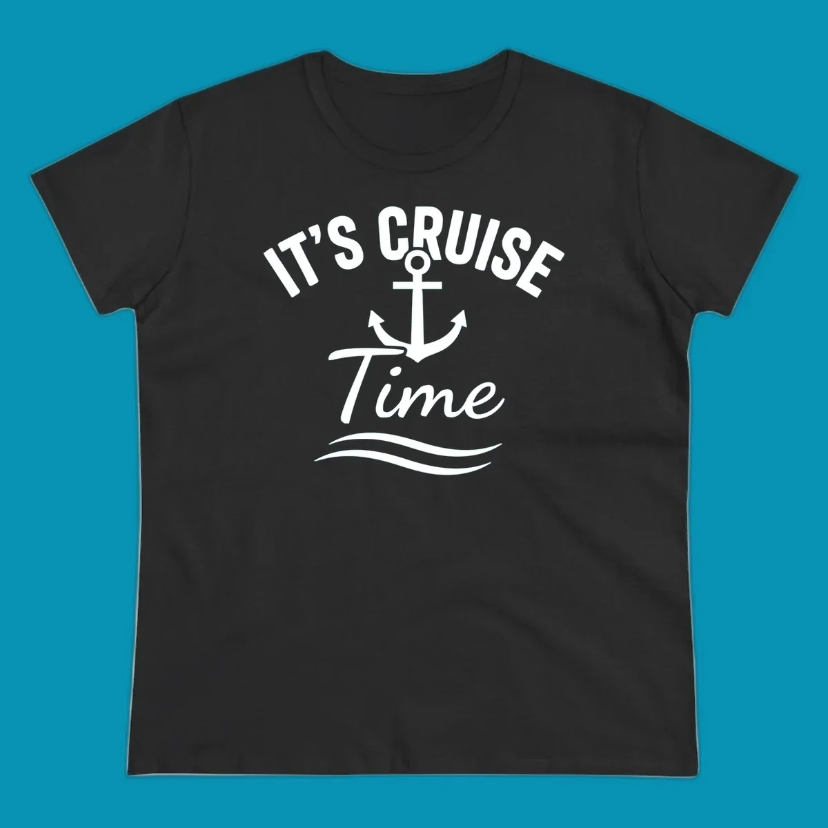White anchor with curved arrows and wavy ocean lines beneath text reading 'IT'S CRUISE TIME' on gray background