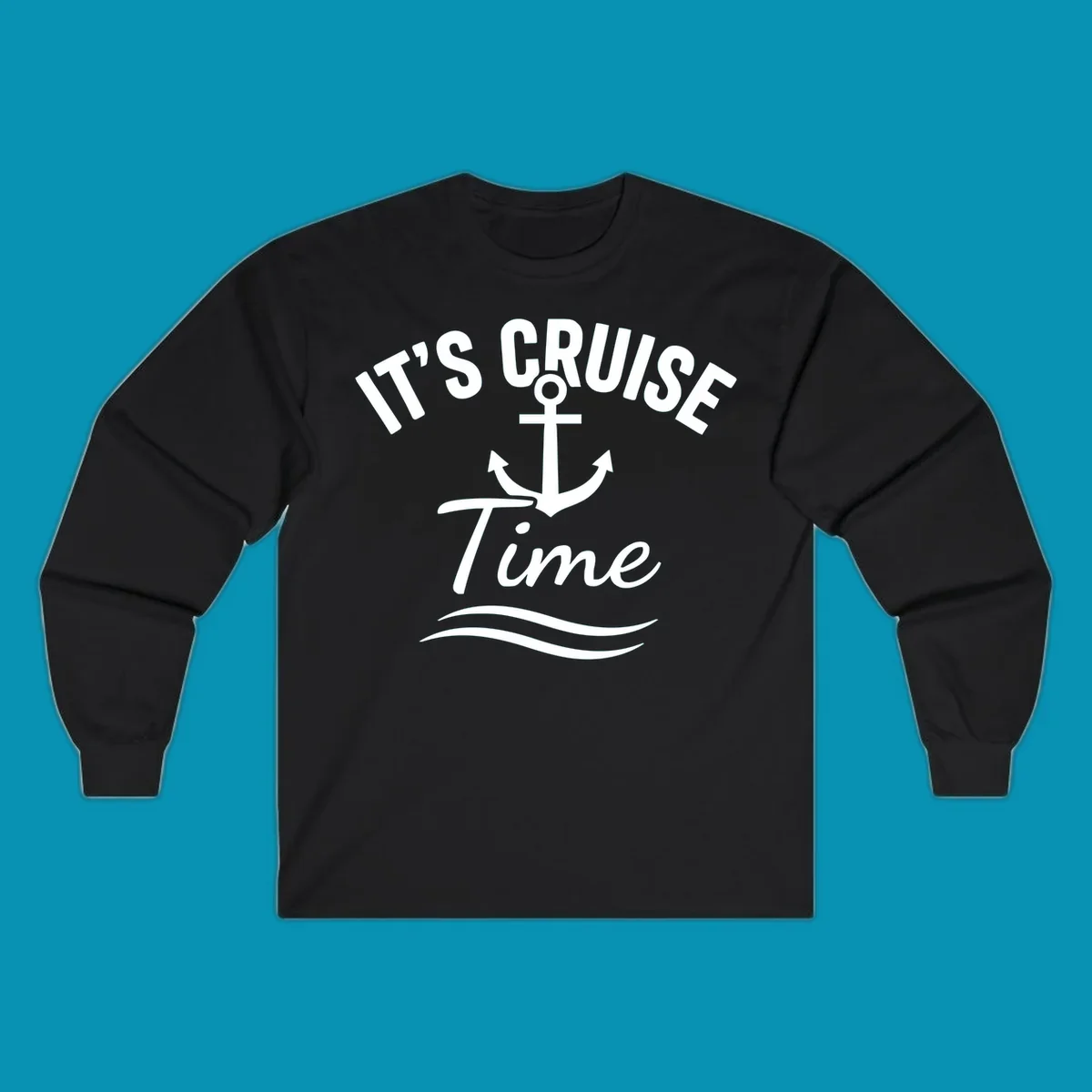 White anchor with curved arrows and wavy ocean lines beneath text reading 'IT'S CRUISE TIME' on gray background