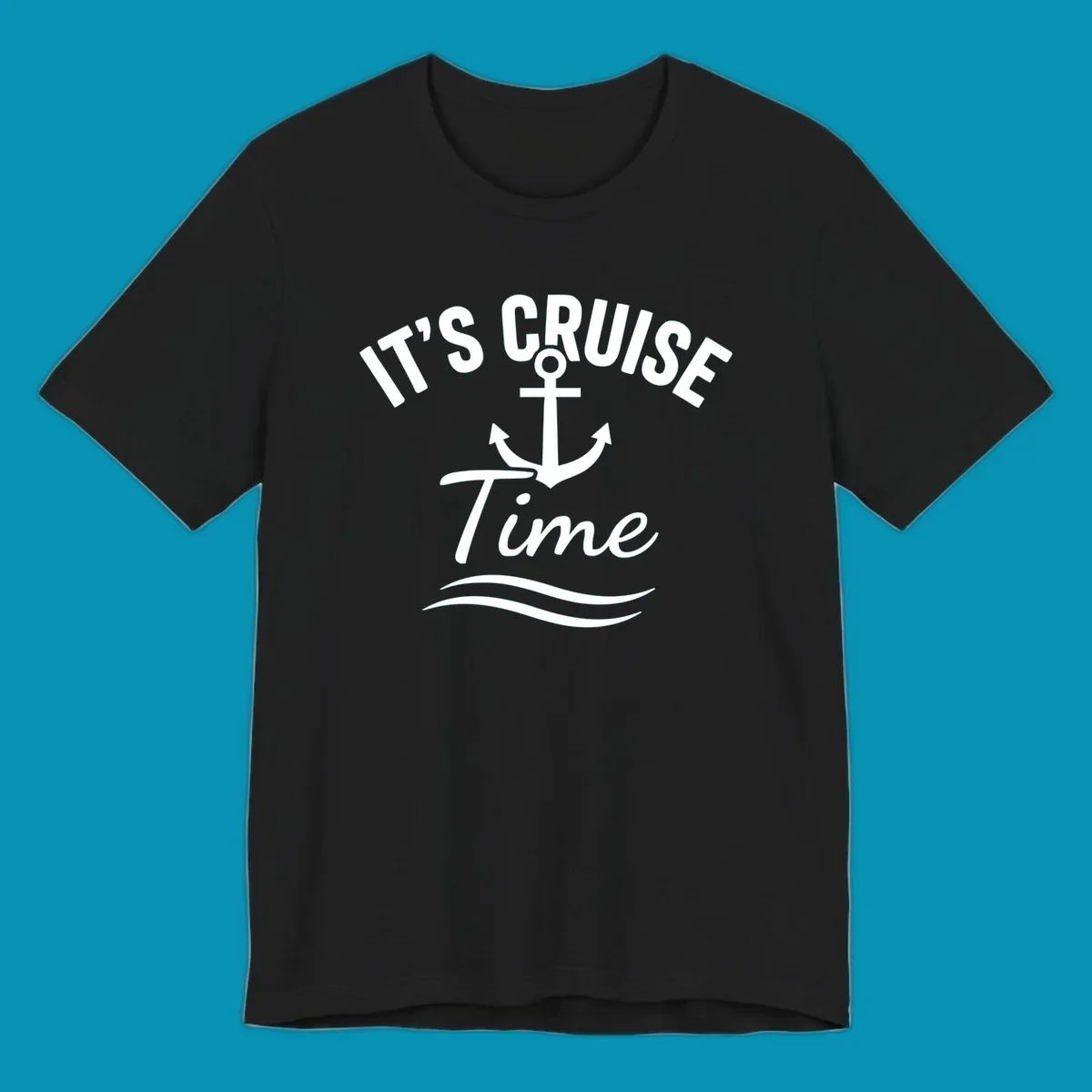 White anchor with curved arrows and wavy ocean lines beneath text reading 'IT'S CRUISE TIME' on gray background