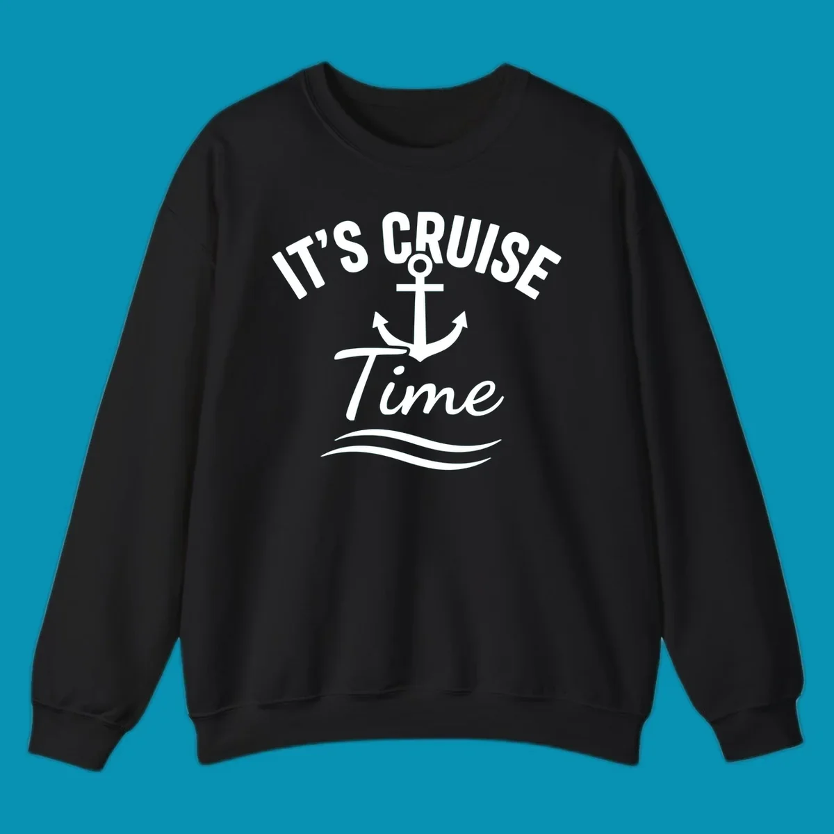 White anchor with curved arrows and wavy ocean lines beneath text reading 'IT'S CRUISE TIME' on gray background
