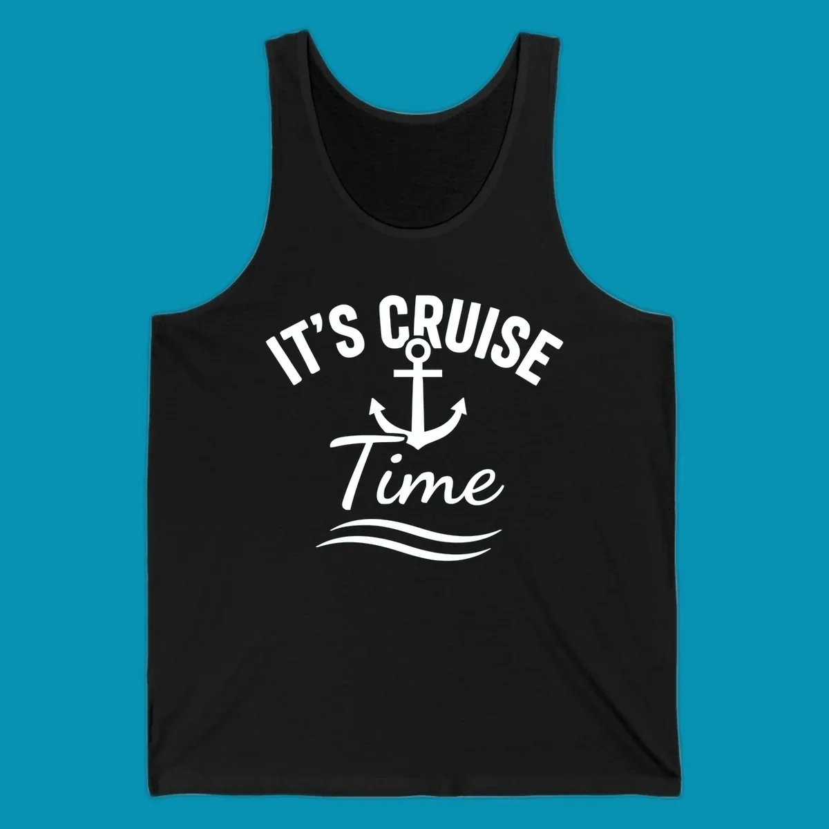 White anchor with curved arrows and wavy ocean lines beneath text reading 'IT'S CRUISE TIME' on gray background