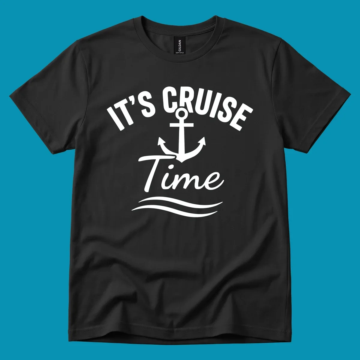 White anchor with curved arrows and wavy ocean lines beneath text reading 'IT'S CRUISE TIME' on gray background