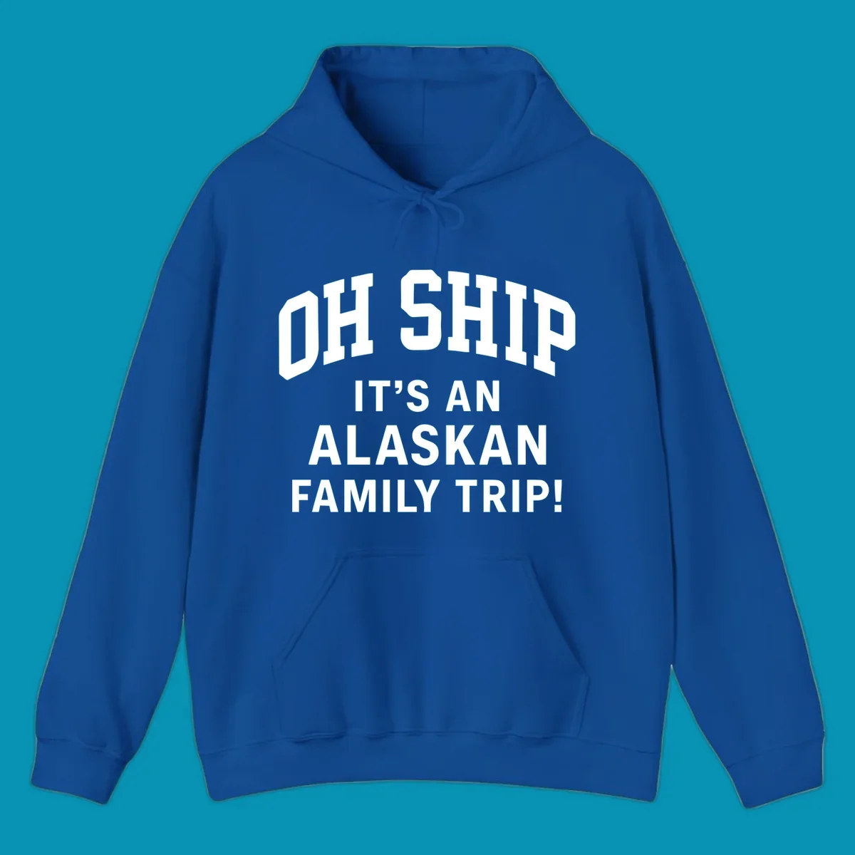 White and gray typography design with 'OH SHIP' pun and 'IT'S AN ALASKAN FAMILY TRIP!' text for cruise apparel