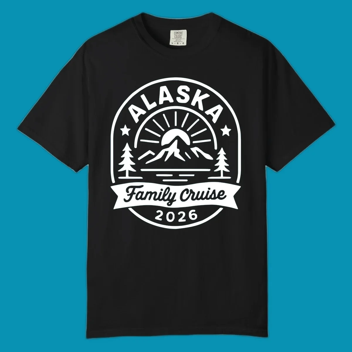 Vintage circular badge with Alaska family cruise 2026 text, mountain, sun rays, trees and stars design in white on gray